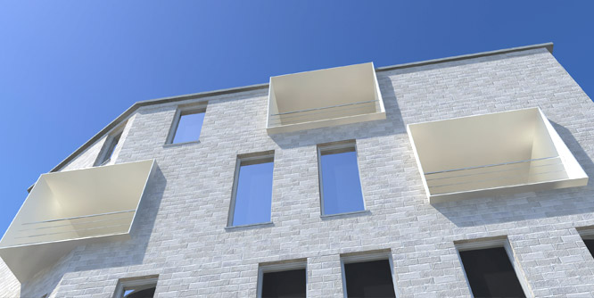 Détail architectural d'une simulation 3D photo-realiste d'un immeuble à appartements